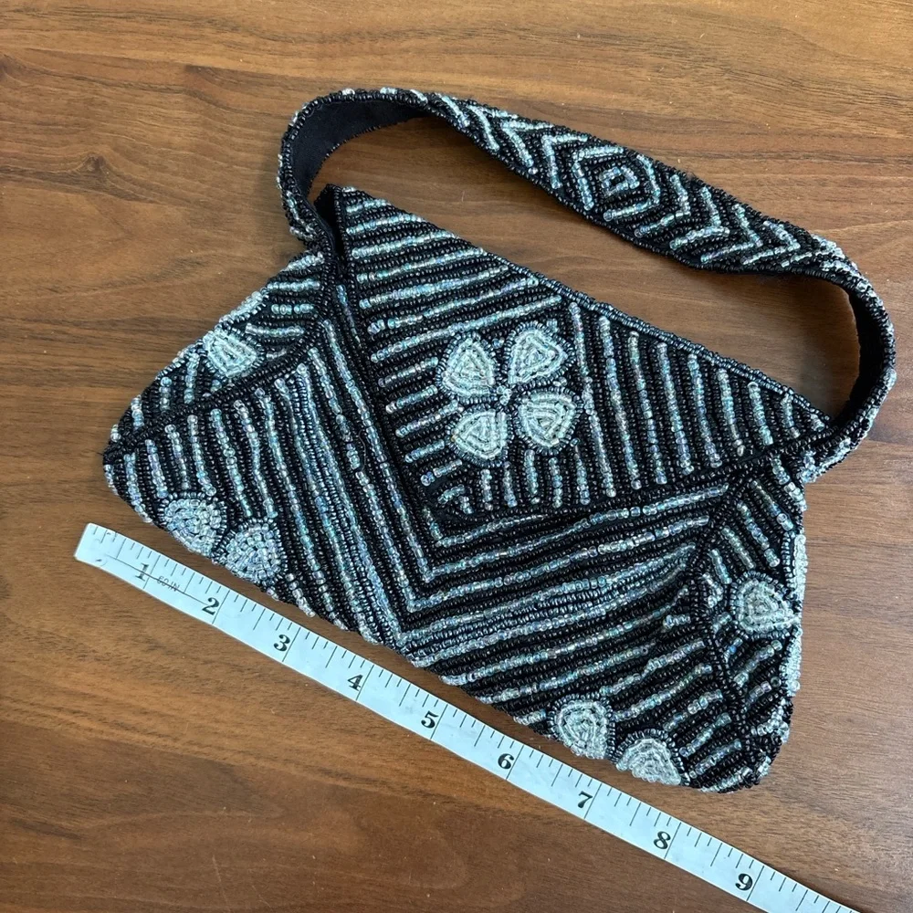 S. Malhan Vintage Hand-Beaded Evening Bag | Black & Silver Art Deco Style - Picture 5 of 5